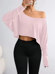 Women's Casual Solid Color Batwing Cropped T-Shirt, Spring/Autumn Fall Cloth For Women