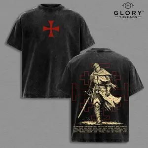 Christian Crusader Knight Vintage Washed Oversized T-Shirt, Heavy Cotton Faith Warrior Graphic Tee, Medieval Cross Knight Streetwear Shirt, Biblical Strength Apparel, Unisex Religious Gift for Christian Believers