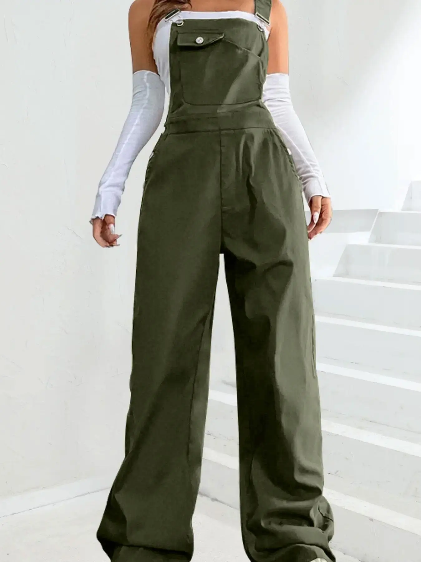 Women's Solid Color Adjustable Strap Overalls with Pocket Design, Casual Fit One Piece Jumpsuit for Outdoor Streetwear, Women Clothing, Womenswear