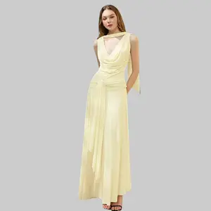 Women's Halter Neck Draped Cowl Neck Open Back Ruched Waist Sash Slim Fit Maxi Dress 2026 Spring Summer New Arrival Evening Dinners Formal Gatherings Romantic Date Nights Stylish Elegant Long Dress summerwins