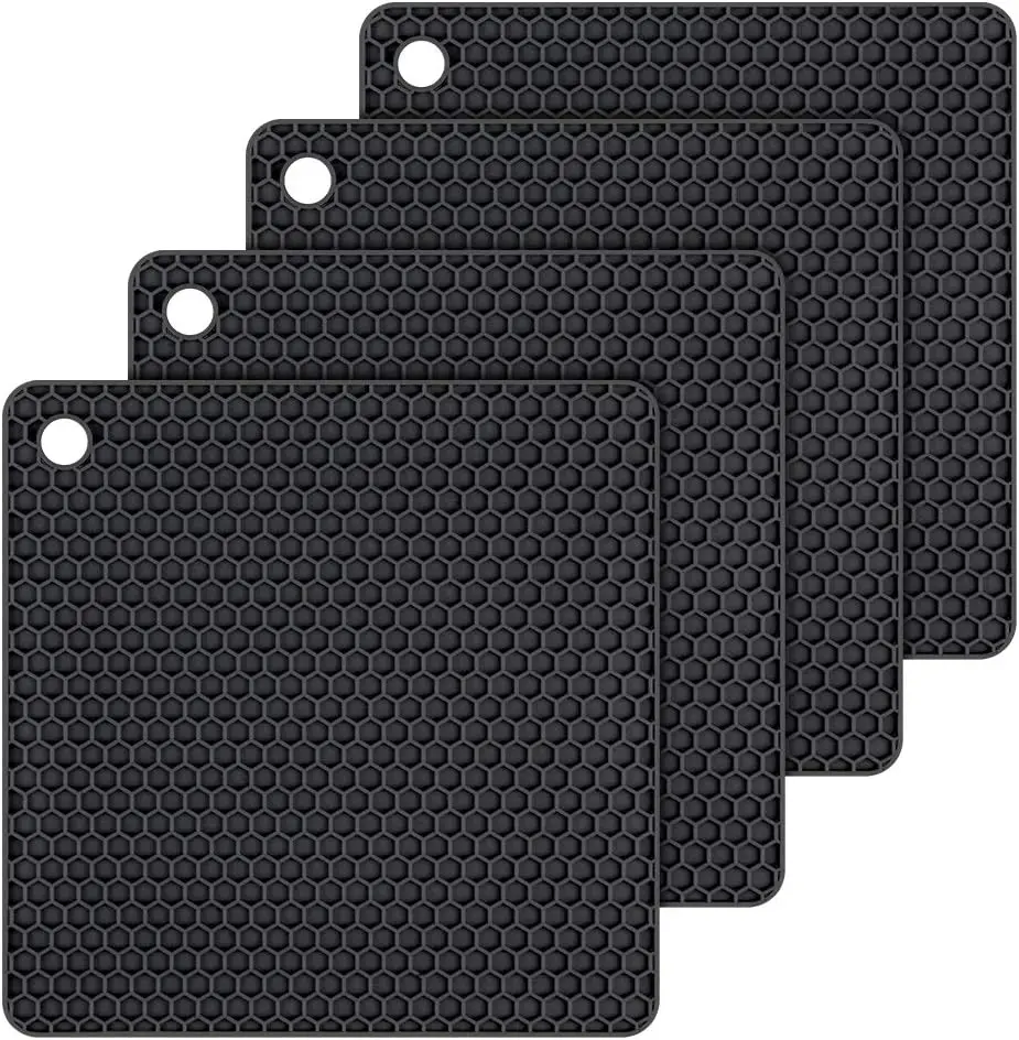 Silicone Trivets Mats for Hot Dishes - Hot Pads for Kitchen Countertop Non Slip Coasters Heat Resistant Mats 4 Pack (Black)