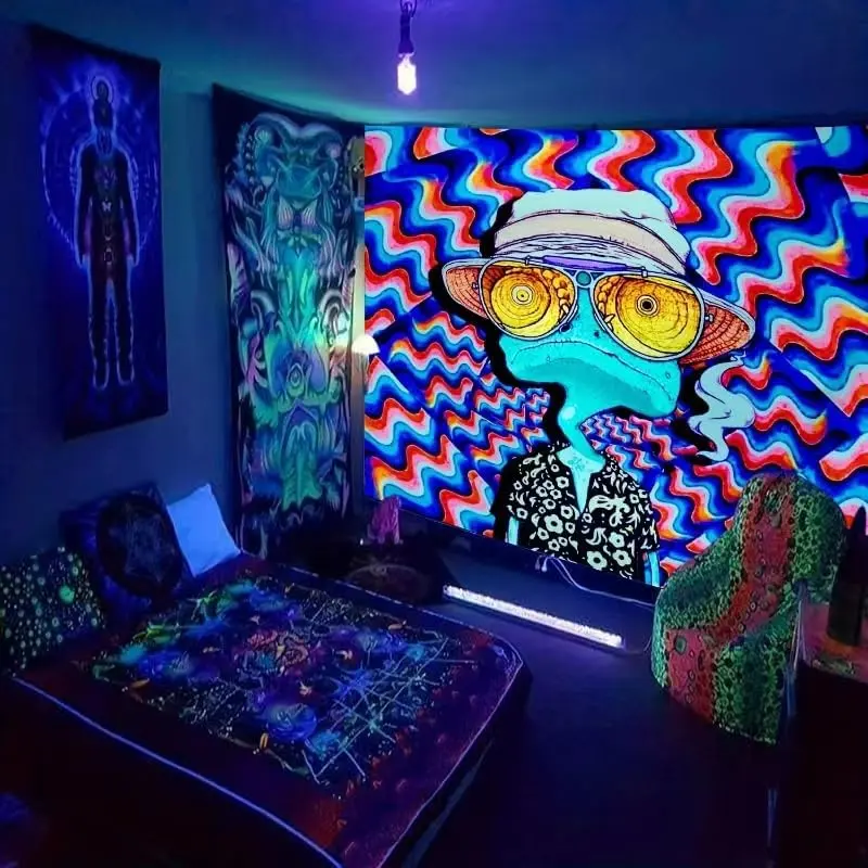 ADDWel Blacklight Frog Wall Tapestry - Hippie Alien UV Reactive Glow In The Dark Floral Neon Home Bedroom Decor, Upright Poster Wall Hanging for Bedroom Dorm, Chill Room Accessory Gift, Wall Tapestries