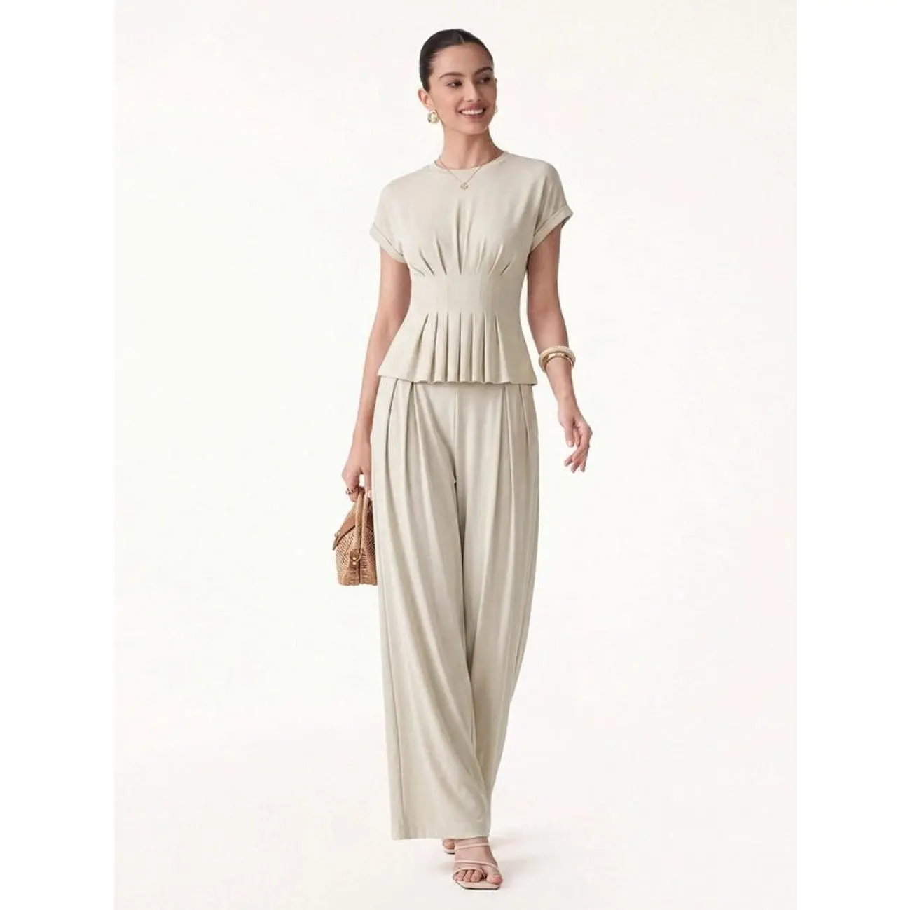 2Pcs Set Round Neck Short Sleeve Tee & Wide Leg Pants with Pockets