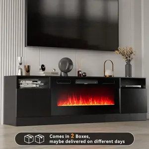 【2 Packages Shipping】Fireplace TV Stand with Two Hinged Doors for TVs UP to 80”, Modern Electric Fireplace Entertainment Center with LED Lights & Storage Cabinets, TV Stand for Living Room 70” Black