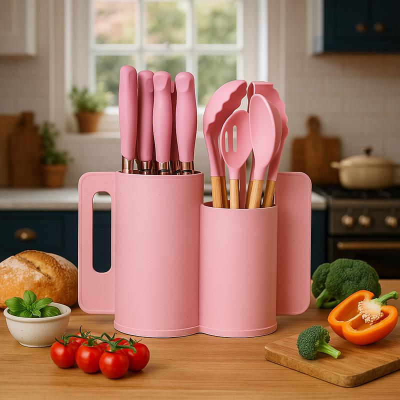 19PCS Silicone Kitchen Utensils Set with Knife Set, 5-Piece Knives + Utensil Holder, Heat Resistant Cooking Tools, Nonstick Safe Wooden Handle Kitchen Gadget Set, Spatula Turner Tongs Whisk Ladle for Home Cooking