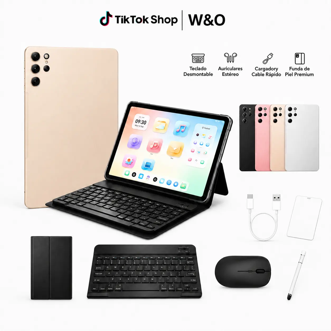W&O X9 Android 15 Tablet, 10.1-in IPS Display, 8GB RAM 256GB ROM, 8000mAh Battery, Dual-Band WiFi, SIM + microSD Support, 9-in-1 Bundle with Bluetooth Keyboard, Mouse, Stylus, Case, Camera, Student Tools for Streaming, Gifting