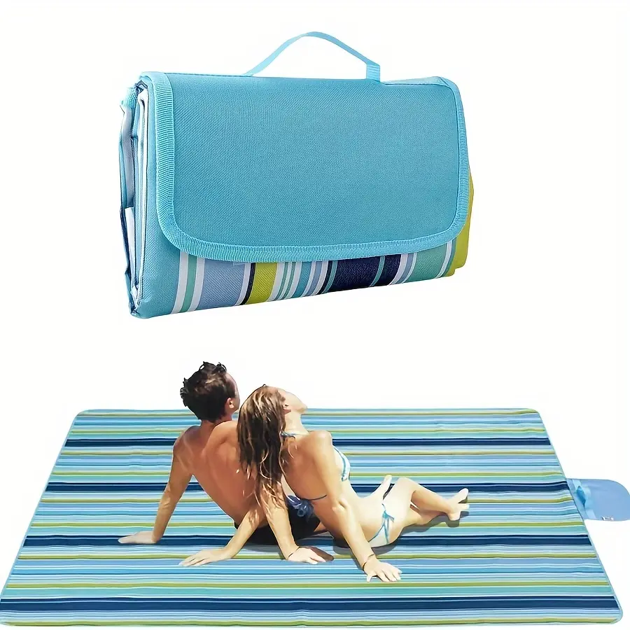 1pc Picnic Blankets Beach Blanket, Extra Large Thick 3-Layers, Sandproof Machine Washable Waterproof Foldable Oversized XL Outdoor Mat, for Camping, Park, Travel, Grass(Blue White Stripe)