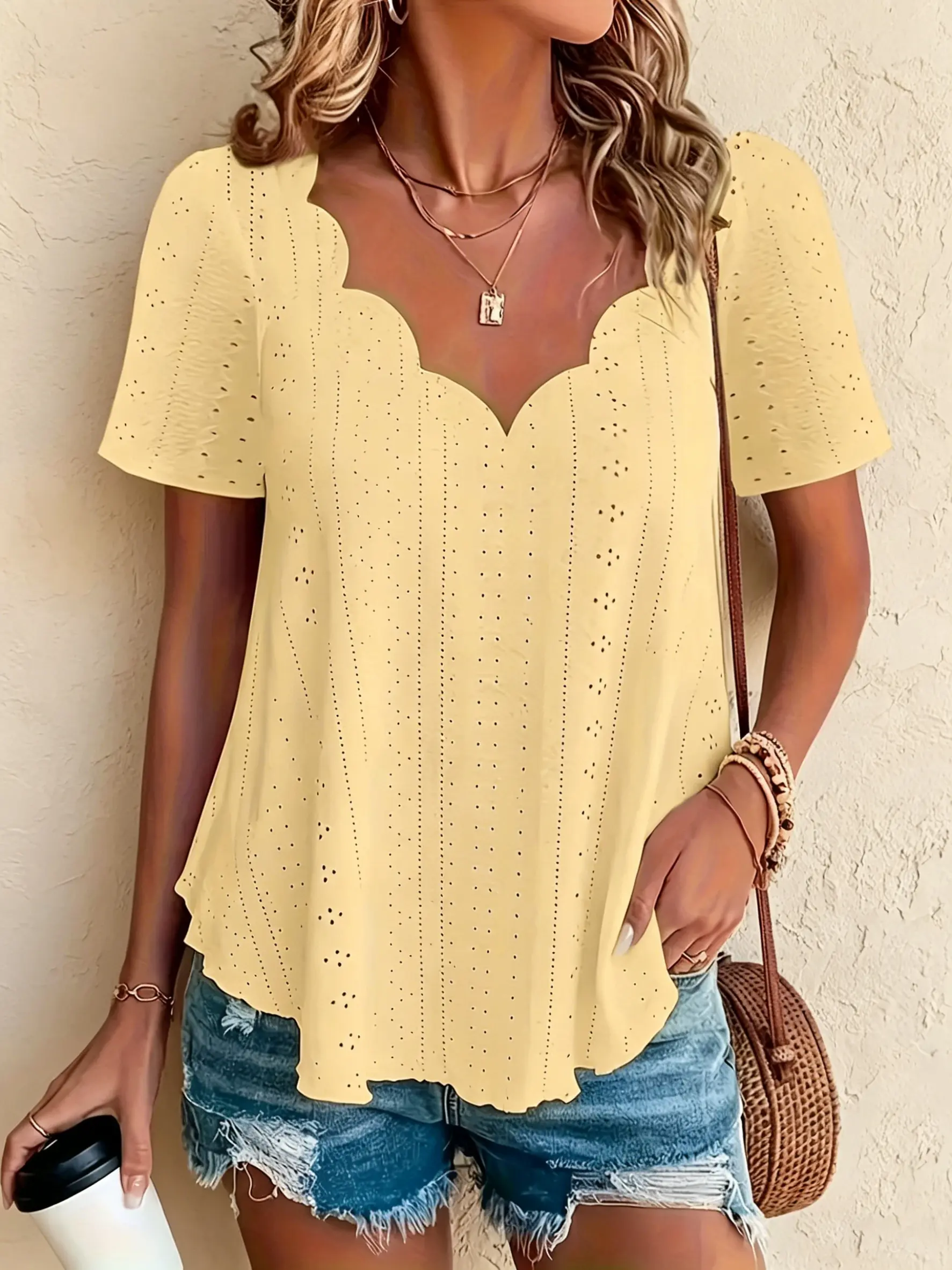 New European and American style women's comfortable and breathable jacquard short-sleeved top