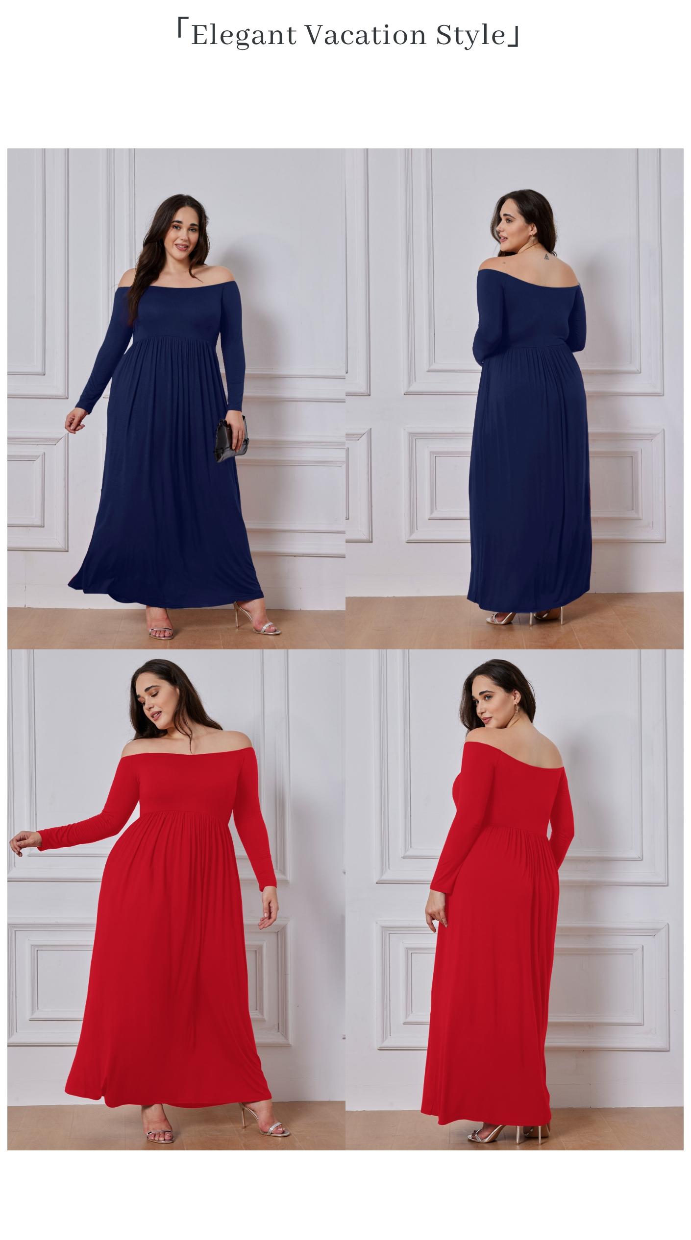 【Clearance Sale】Plus Size Women's Off-Shoulder FallMaxi Dress- Long Sleeve with Pockets, Elegant AutumnLong Dress for Vacation, Dinner & Semi-Formal Occasions SpringStatements