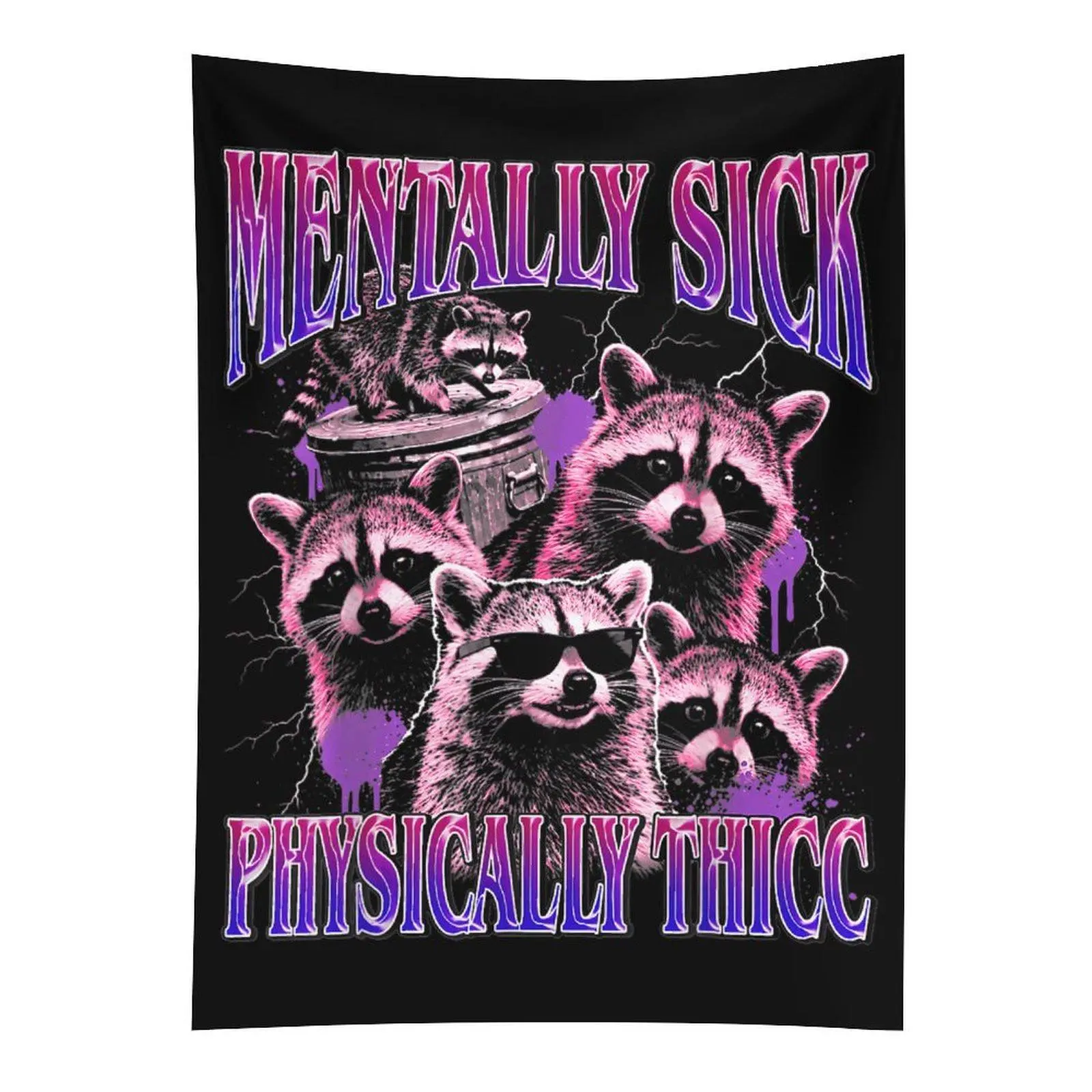 Funny Meme Polyester Rectangle Raccoon Wall Tapestry, Thicc Raccoon Wall Hanging, Viral Bedroom Dorm Decor