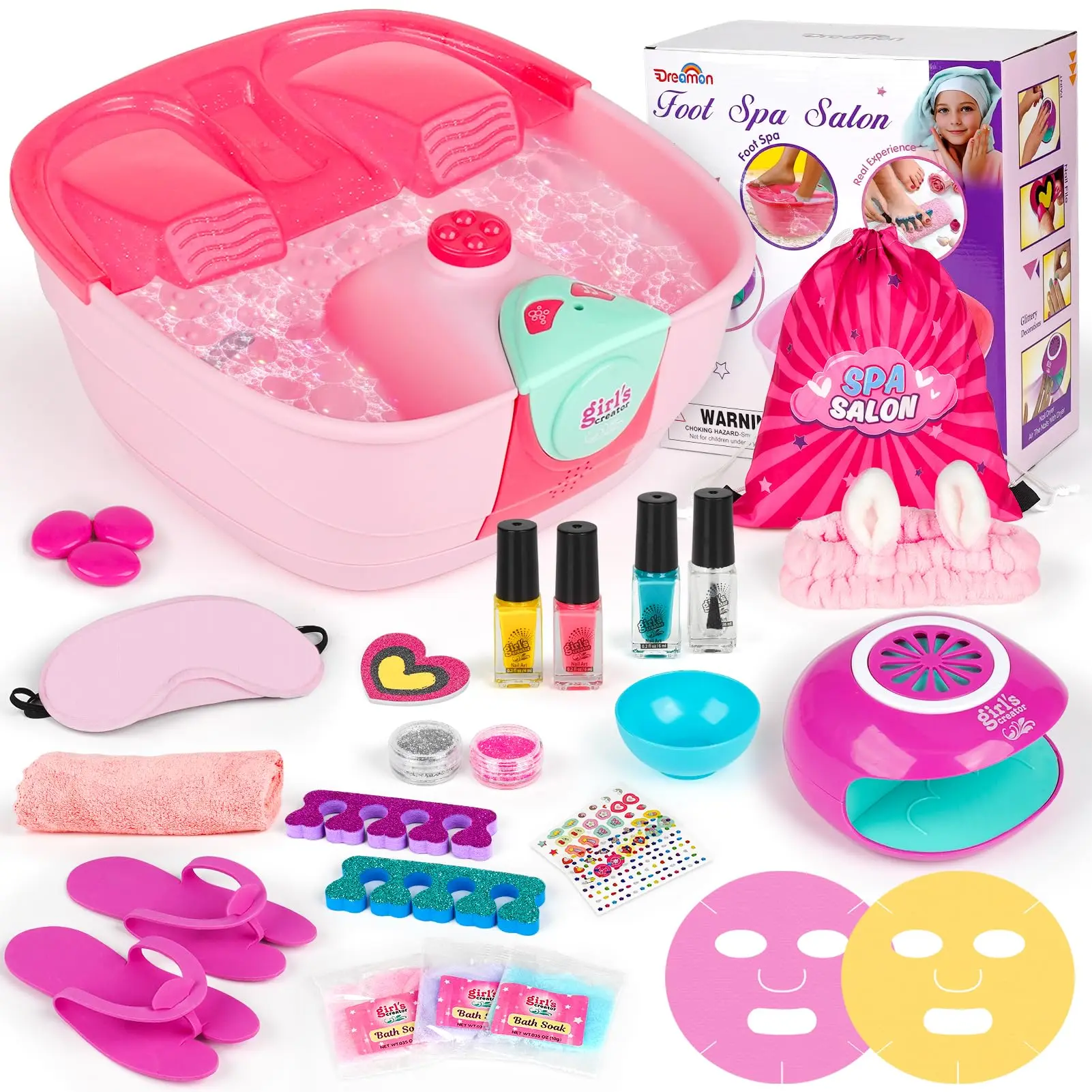 Dreamon Kids Pretend Foot Spa & Nail Kit - Kids Pretend Spa Day Kit for Girls with Mask Foot Bath and Nail Dryer, Manicures Pedicure Toy Kit & Nail Art,  Role Playing Accessories, #backtoschool