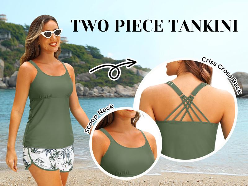 Aqua Eve Women Tankini with Shorts - Two Piece Swimsuit Tummy Control Bathing Suit with Pocket Cross Back Swimwear