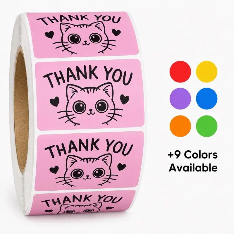 Cute Kitty Thank You Stickers Roll - 2x1" Matte Paper Labels (50x30mm) | Cute Cat Packaging Seals for Small Business Sticky Label Thank You Tags