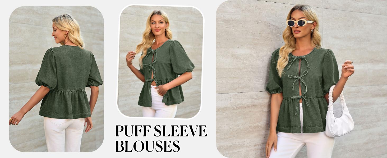 【New】Tankaneo Denim Baby doll Top with Puff Sleeves & Bow Tie Front Blouse for Women Casual Summer cowgirlstyle country concert outfits 【New】Tankaneo Denim Baby doll Top with Puff Sleeves & Bow Tie Front Blouse for Women Casual Summer cowgirlstyle country concert outfits