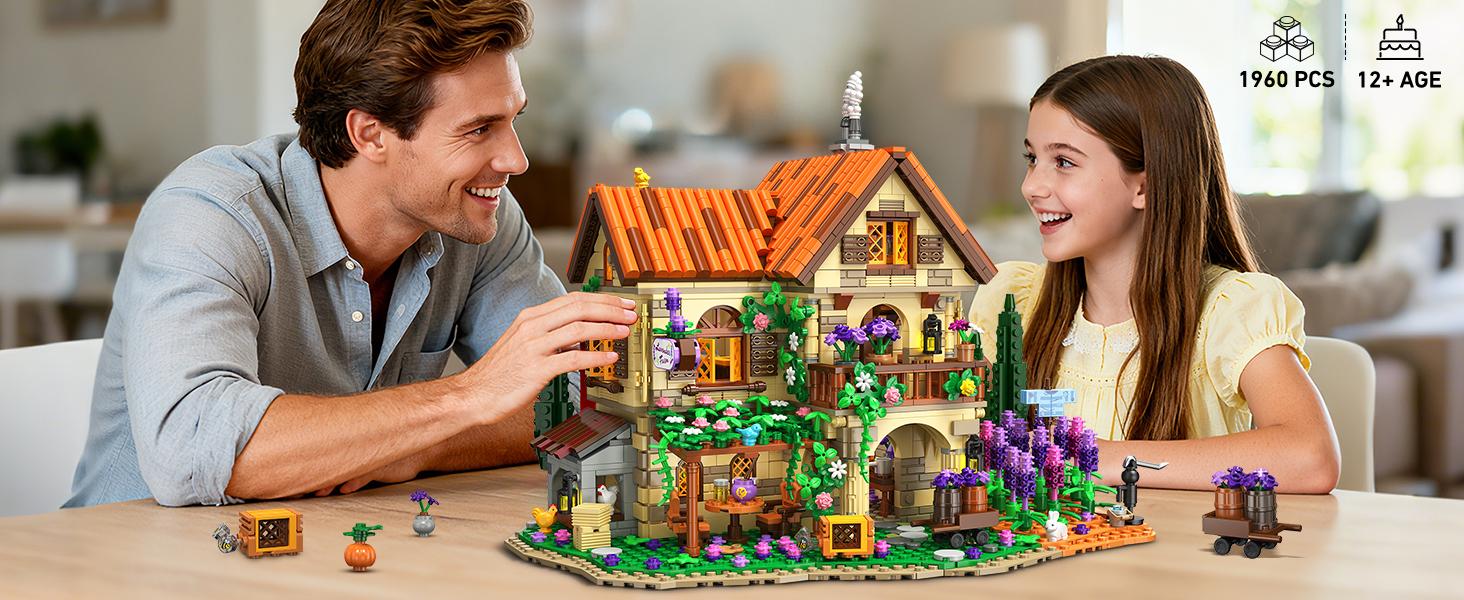 INSOON Lavender Manor House Building Set with Lights, 1960 PCS Lavender Estate Construction Model Home Decor, Romantic Lavender Flowers Cottage Building Block Kit Gift for Adults Teens Boys Girls 12+