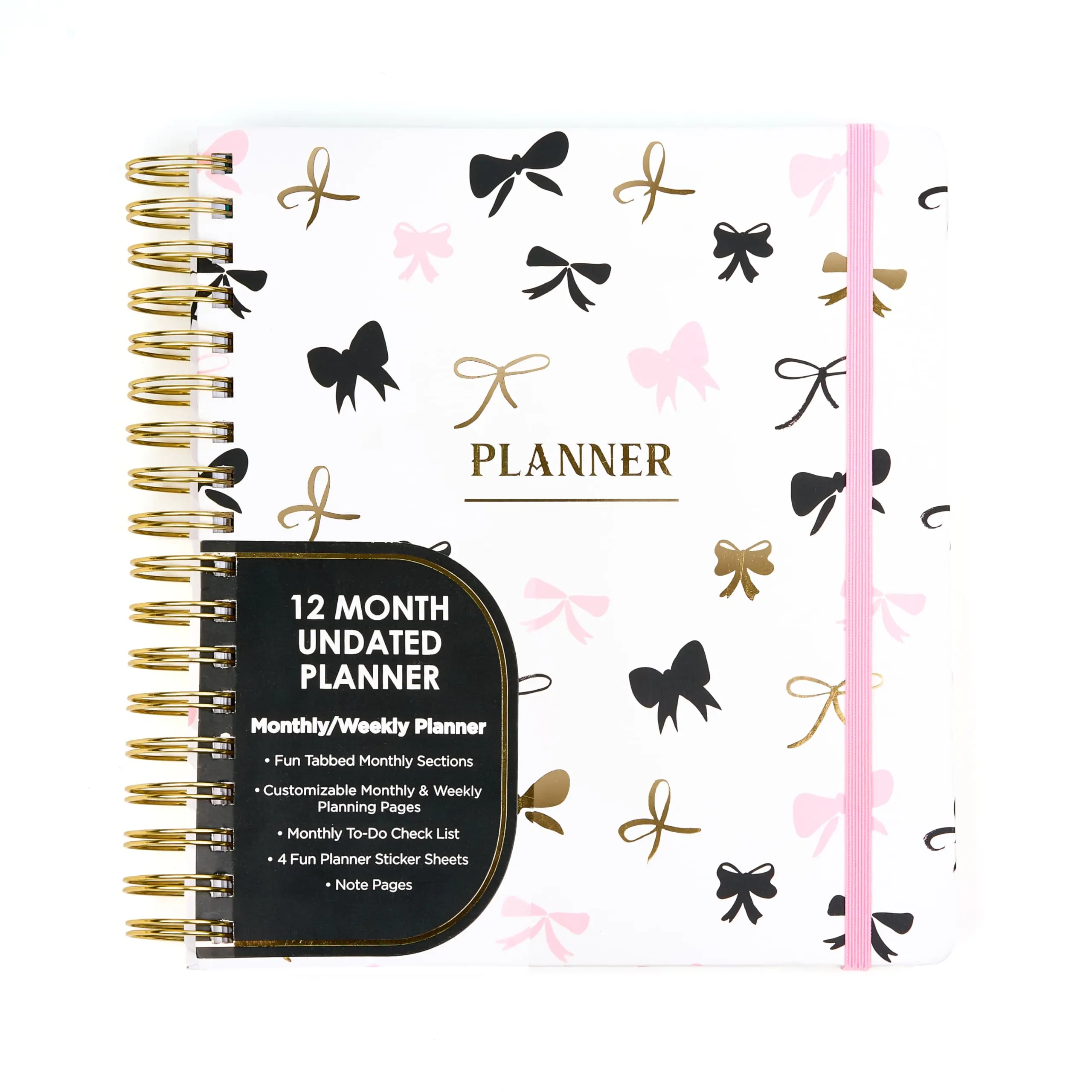 12 Month Undated Planner – Cute Bow Aesthetic Weekly & Monthly Planner with Tabs, Gold Spiral Binding, Stickers & Elastic Closure – Hardcover Productivity Planner for Students & Teachers