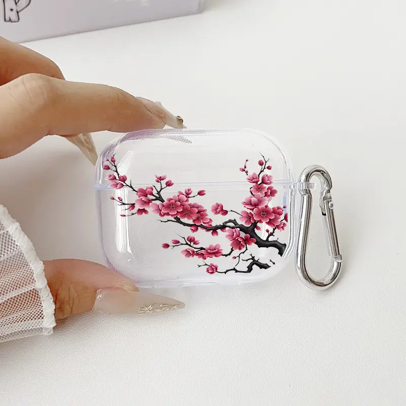 Blossoming Cherry Branch Pattern TPU Soft Protective Case for Apple AirPods 4/3/2/1/Pro/Pro2/Pro3 Transparent Earphone Cover with Keychain Attachment