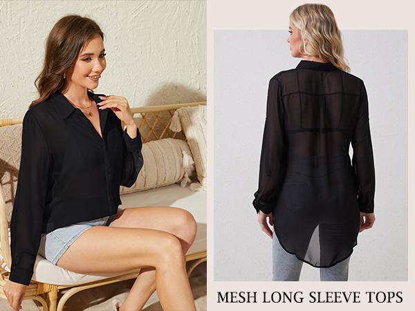 SHEEN Women's Long Sleeve Sexy See Through Top Fashion Black Trendy Mesh Blouse Vintage Casual Cute Summer Outfit Comfortable Fit Oversized Shirt Sheer Button Up Blouse Mesh Shirt