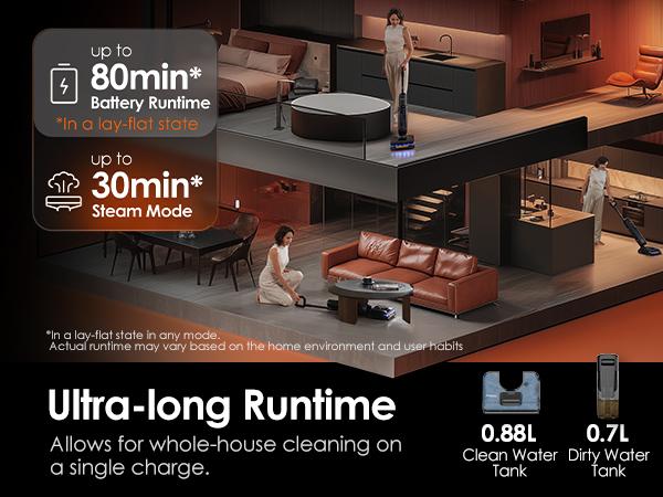 Tineco Floor One S7 Stretch Steam Cordless Wet Dry Vacuum Steam Mop All-in-One, 320℉ HyperSteam, 180° Lay-Flat, Anti-Tangle Design, FlashDry Self-Cleaning, Up to 75 Min Runtime