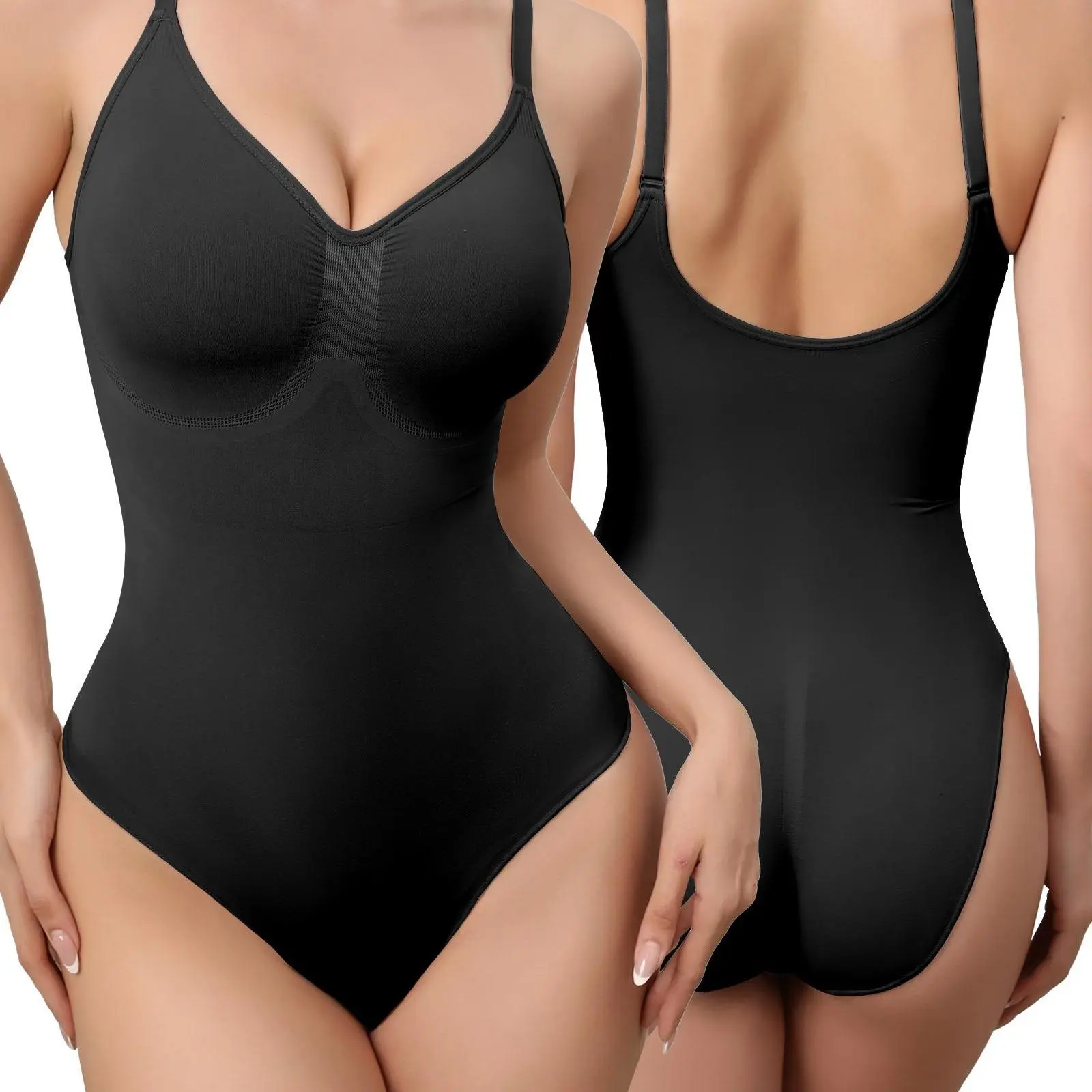Mobeso Women's Seamless Briefs Tummy Control Shapewear Slimming Bodysuit with Breathable Sculpting Design Waist Butt Lifter(Runs Snug) SpringStatements Sleeveless Neck V woman fajas style V-Neck Bodysuit perfect body suit