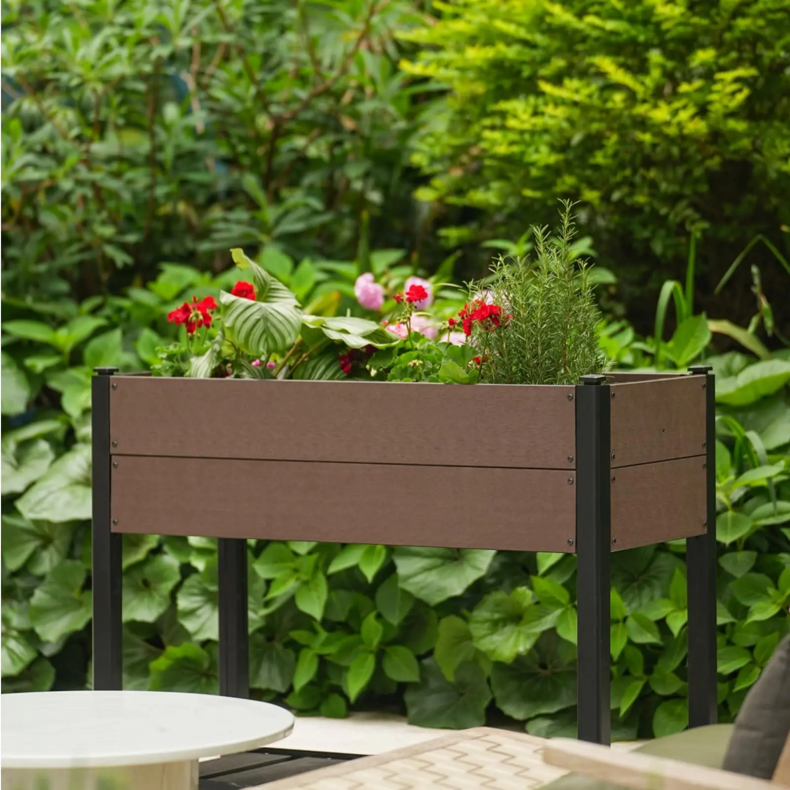 Rectangular HDPE Plastic Raised Garden Bed with Legs, Aluminum Frame, and Storage Shelf - Wood Grain Planter Box for Outdoor Vegetables, Flowers, Patio (109x49x85cm)