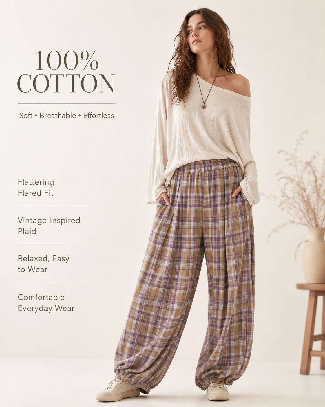 Tanming Women's Plaid Pull-On Balloon Pants, Cotton Twill Pants with Shirred Elastic Waist, Exaggerated Bubble Silhouette & Side Pockets Womenswear Bottom