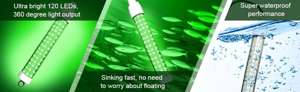 Fishing Light Underwater Night Fishing Lure Finder Light Green Submersible Fishing Lights with 5M Power Cord for Pool Boat Sea Ice Fishing Attractants More Fish
