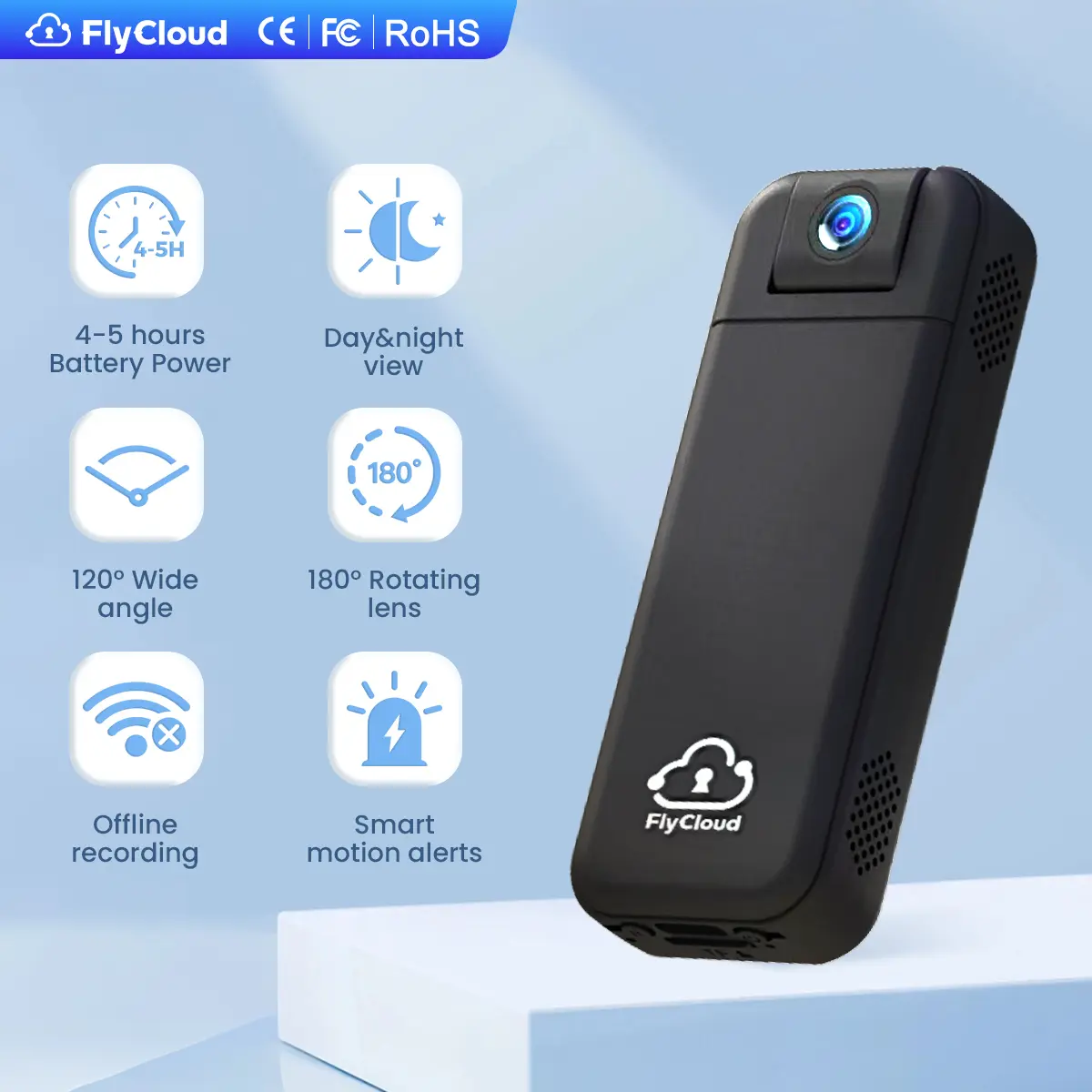 FlyCloud 7-Pocket Compact Digital Video Camcorder - 1080P, 16G Storage, Smart Infrared Handheld Night Vision, AI Humanoid Motion Detection, 1900mAh Battery, 2.4GHz Wi-Fi & Bluetooth, Removable Bracket, App-Enabled, Pet-Friendly Recording Device