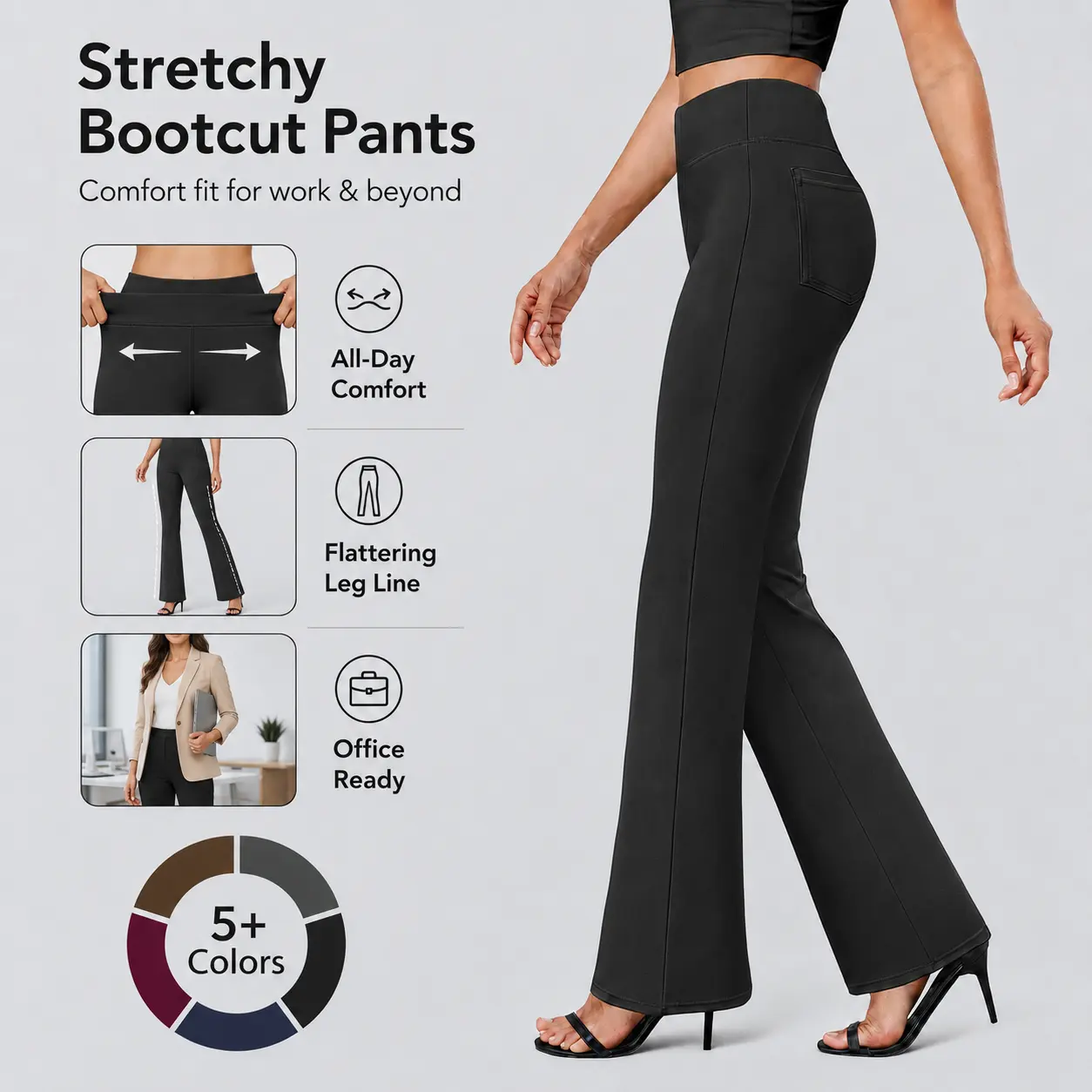 DLOODA Women's High Waist Stretchy Fitted Bootcut Dress Pants - Pull-On Basic Women's Clothes with Pockets, Minimalist Elegant Business Casual Office Slacks for Wardrobe Outfits,back to school shopping