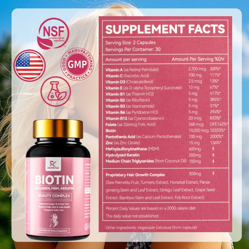 Stronger, Fuller Hair & Scalp support, High Potency Biotin 10,000mcg with collagen,MSM & Keratin, Promotes Thicker, Healthier Hair, Strong Nails & Glowing skin, Hair Growth Vitamins, 60 Capsules
