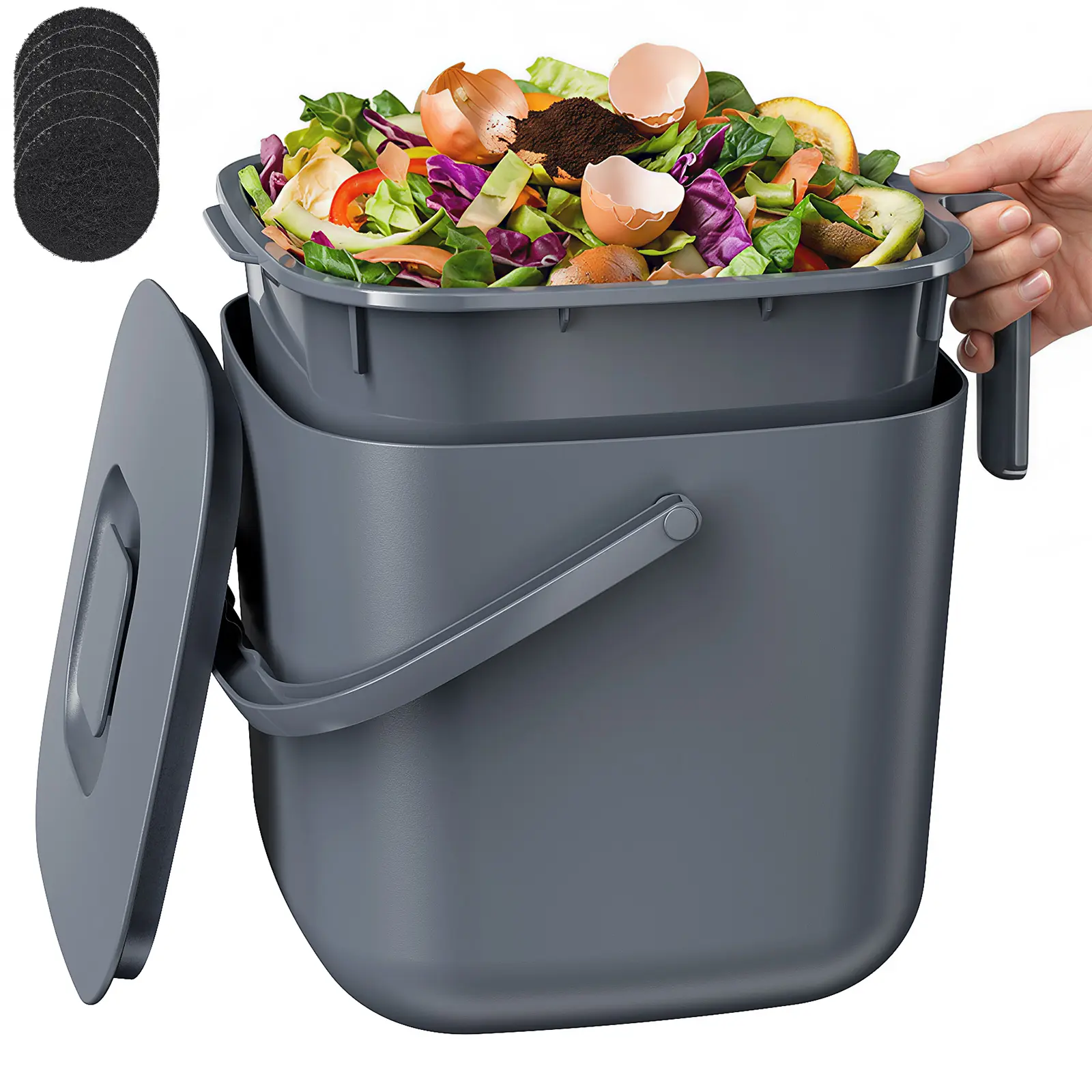 HomeTuk R1 3.9L/5.4L Kitchen Food Waste Bin with Lid & Handles, Indoor Compost Bucket Includes Inner Bucket Liner and Carbon Filter