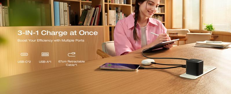 EF ECOFLOW 65W USB C Charger with Retractable Cable, 3-in-1 Phone Charger with Type C Cable, 2-Port Fast Charger Compatible with iPhone 16 Pro Max, iPad Pro/Air, Galaxy S25, Steam Deck (White) Electronic Cellphone iphone charger