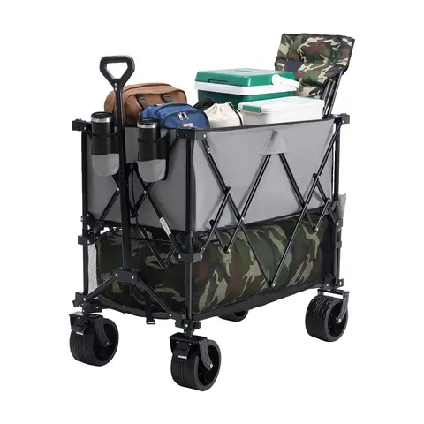 Sweetcrispy Upgraded Collapsible Wagon Cart, 176 lbs Capacity, 50L, Flexible Handle, Lightweight Portable Folding Cart, 600D Oxford Wear-Resistant, 360° Swivel Wheels, 6.3"x16.14" Folded Size, Building Supplies Grocery Camping Trolley