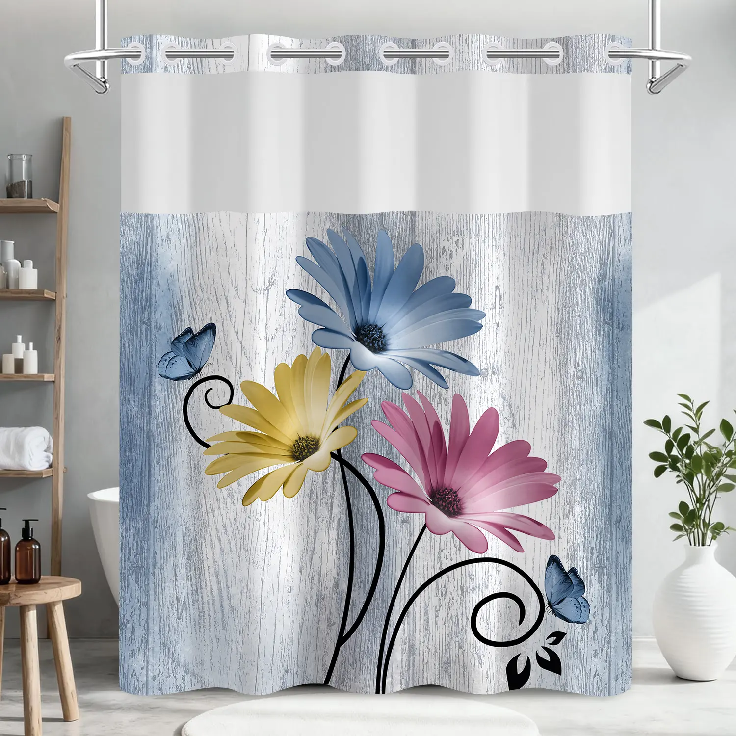 No hooks double-layer Daisy printed shower curtain, Waterproof fabric,Modern style home decoration, hotel, dormitory and bathroom accessories, 72x75in