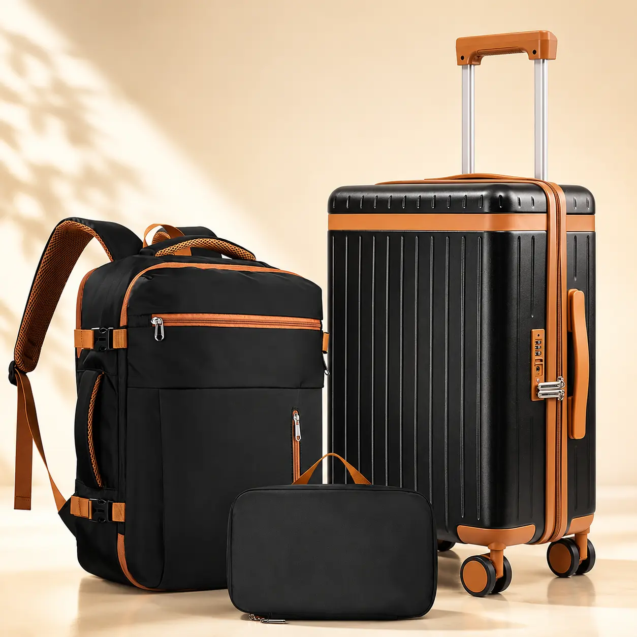 Multifunctional Modern Hardshell 3-Piece 20-Inch Lightweight Carry-On Luggage Set, Travel Bag Kit with TSA Lock, 360° Spinner Wheels, 15.6-Inch Laptop Backpack & Toiletry Bag for Business Trips