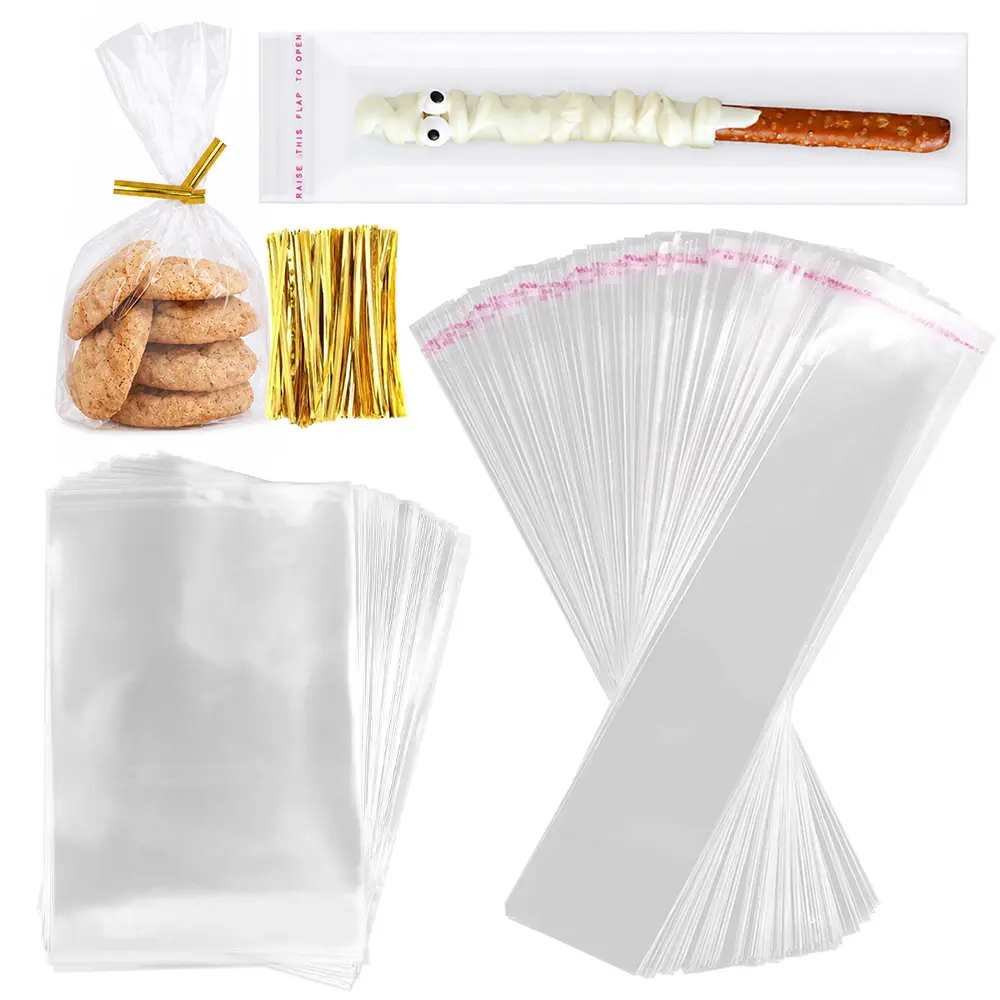 Pack of 400 Cellophane Treat Bags Set with 500Pcs Ties for Rice Krispies Pretzel Candies Dessert, Cookie Bags with Sealable Pretzel Rod Bag for Birthday and Party Decorations