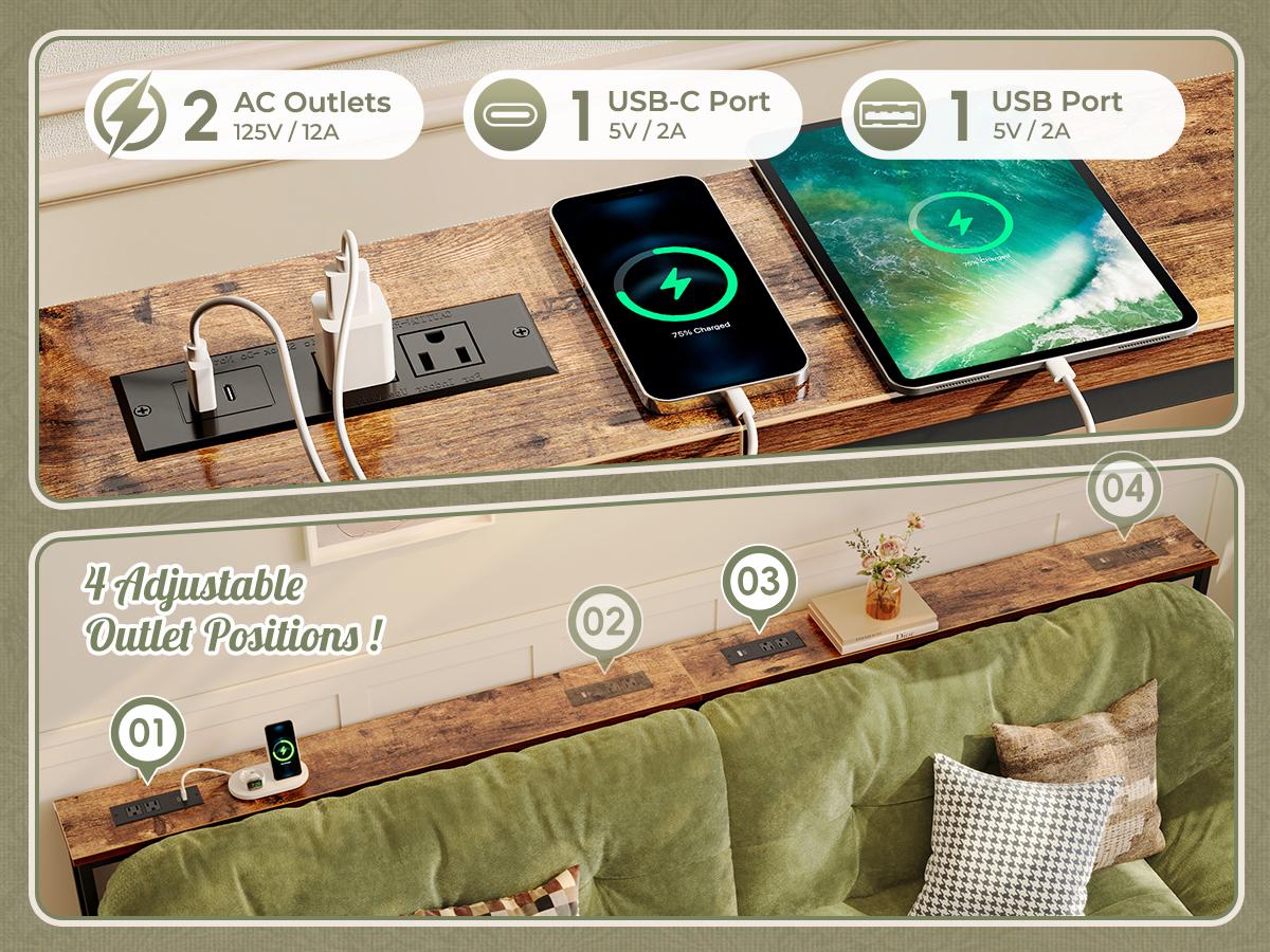 Huuger 102.4/110.2 Inch Sofa Table with Power Outlets, 23.9’’-34.4’’ Height Adjustable Range, Behind Couch Table with USB-C Ports, Sofa Tables Narrow Long, Skinny Console Table, Small Spaces