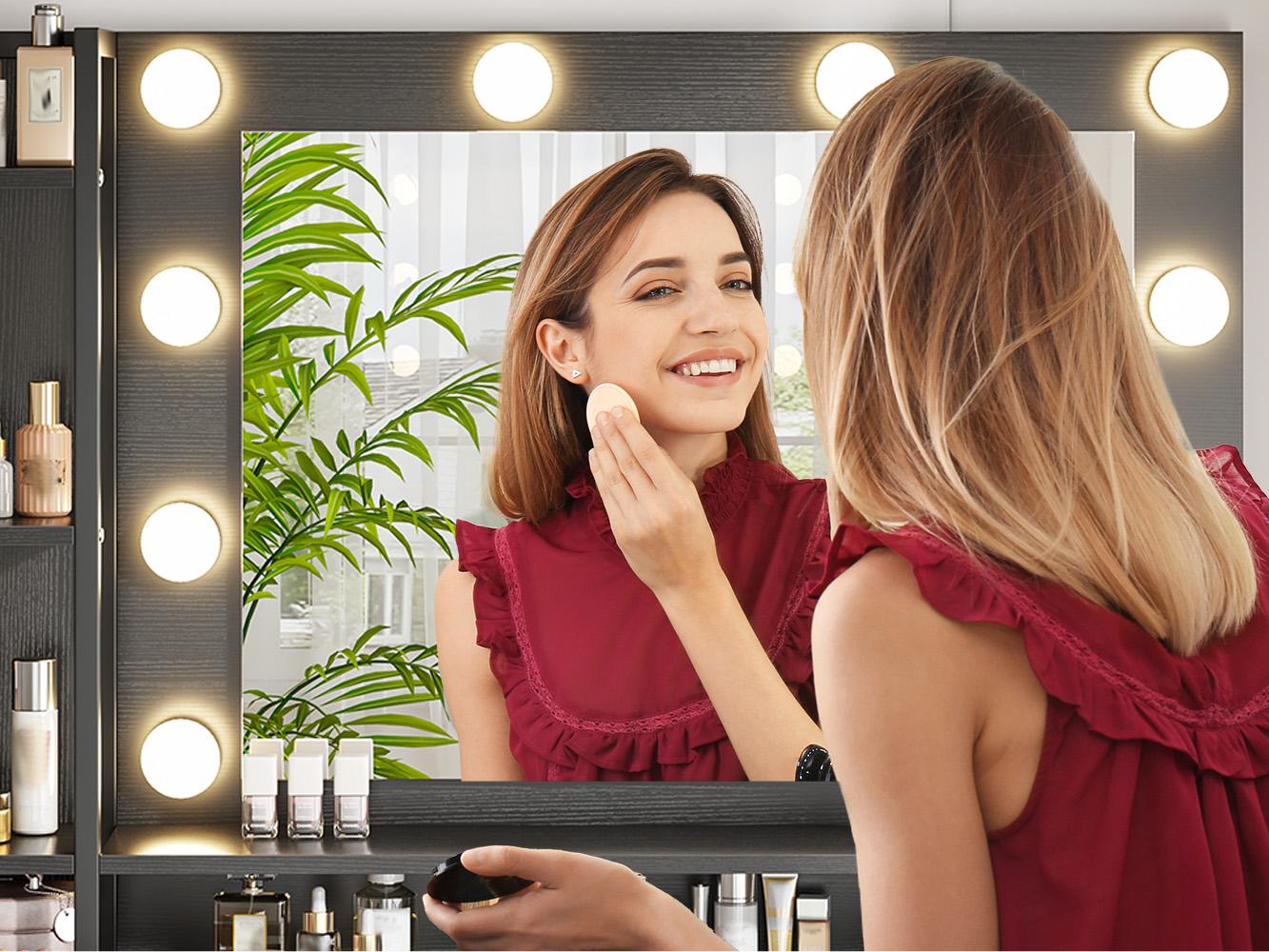 Hollywood Vanity with Mirror and Lights, Makeup Vanity Desk with 5 Fabric Drawers & Power Outlet, 3 Lighting Modes Adjustable Brightness, Bedroom Dressing Table Hollywood Vanity with Mirror and Lights, Makeup Vanity Desk with 5 Fabric Drawers & Power Outlet, 3 Lighting Modes Adjustable Brightness, Bedroom Dressing Table