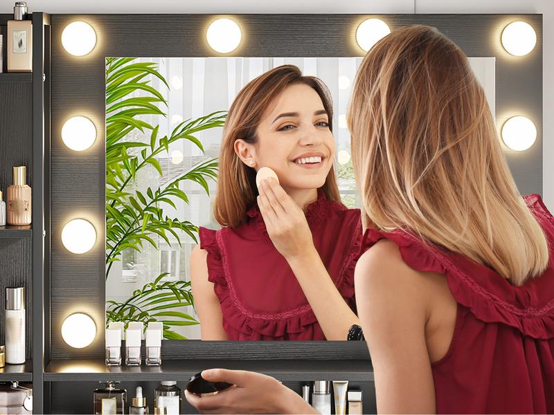 Hollywood Vanity with Mirror and Lights, Makeup Vanity Desk with 5 Fabric Drawers & Power Outlet, 3 Lighting Modes Adjustable Brightness, Bedroom Dressing Table