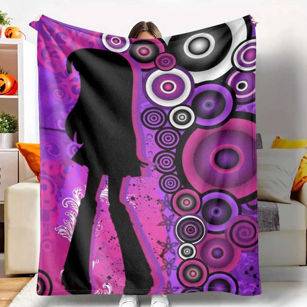 Anime Girl Silhouette Flannel Fabric Blanket, Retro Look Purple Circles Aesthetic Print, Multi-Size Super Soft Lightweight Fleece Throw for Home & Travel, Bedroom Decor Birthday Gift