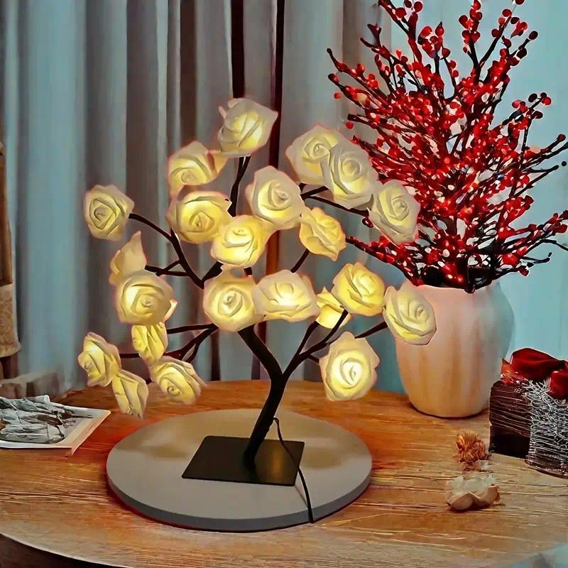 Rose-shaped tree night light, USB-powered, desktop lamp, bedroom lighting, holiday decorative lights, interior decor, Valentine's Day gift, home decor, decorative lamp