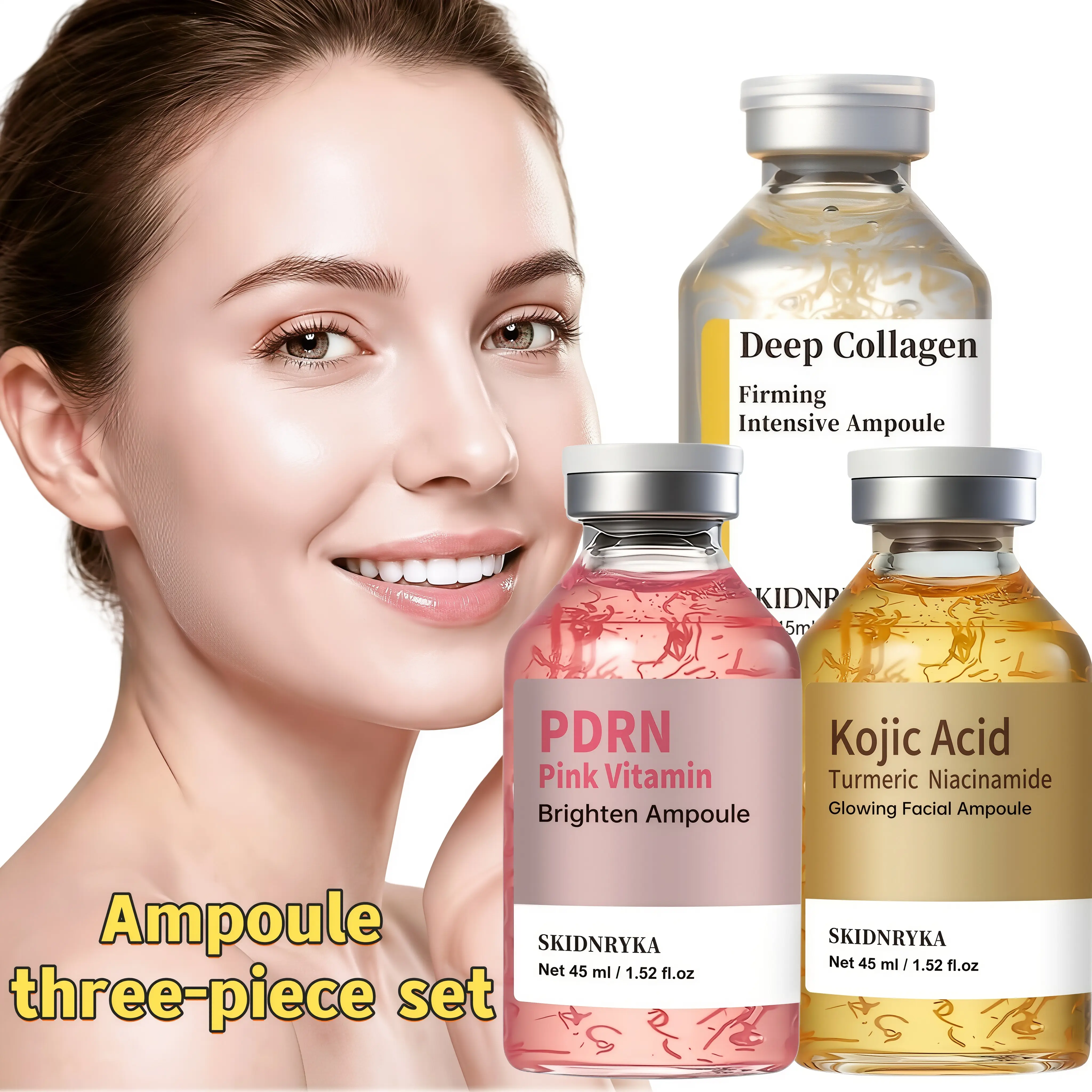 SKIDNRYKA 3-Piece Facial Serum Set with Niacinamide, Kojic Acid, Collagen Boost, Hydration Lift & Moisturizer, Brightening Serum for Daily Morning & Evening Face Care Products, 45ml