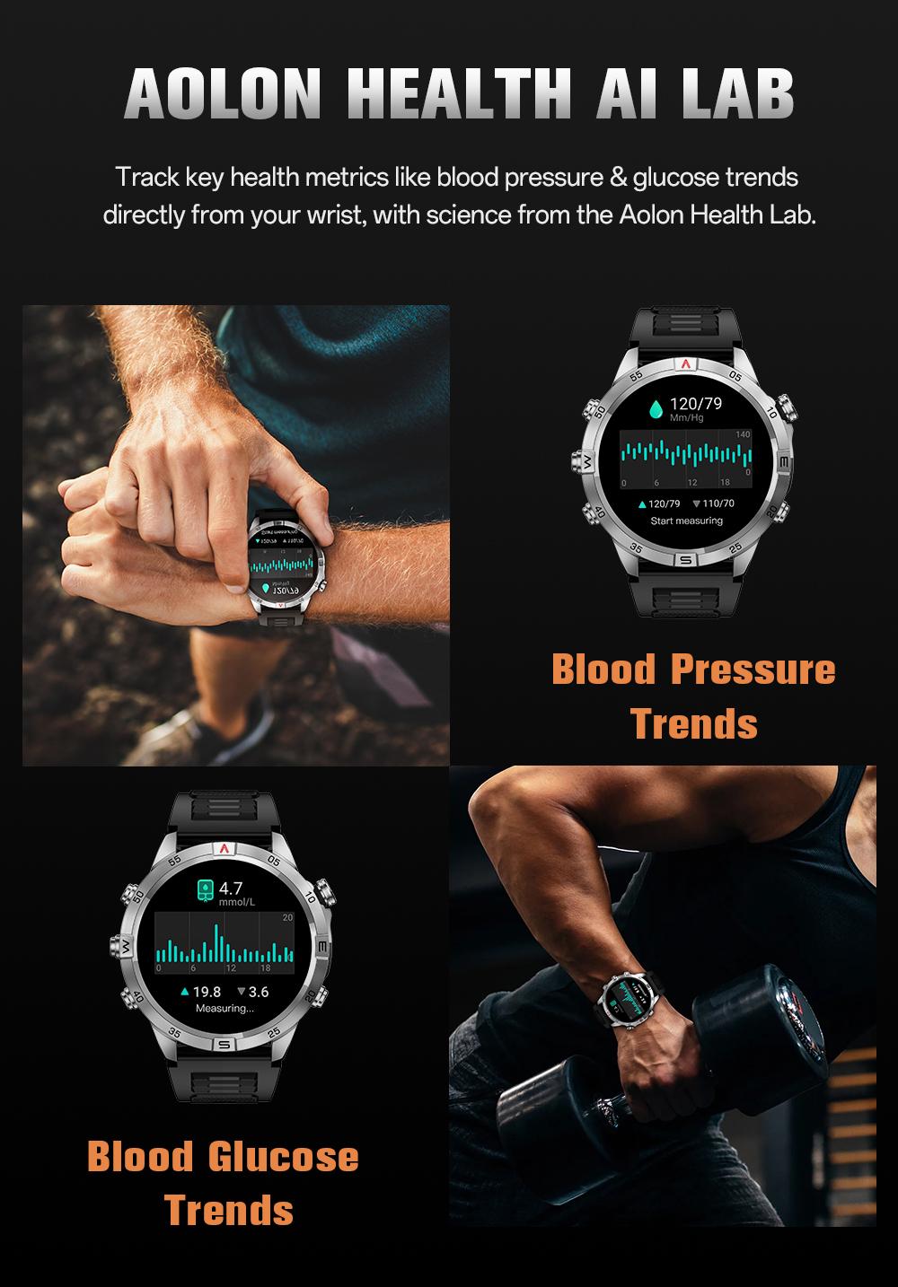 Aolon GT6 Pro Spring rugged outdoor smartwatch with 1.51" AMOLED display, LED flashlight & precision compass. Bluetooth calling, heart rate & fitness tracking, 5-button control, 500mAh battery up to 60 days, 1ATM & IP68 water-resistant.