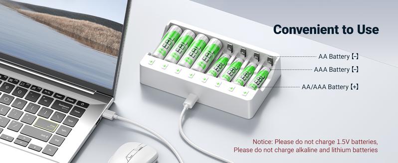 EBL Rechargeable AA Batteries 2800mAh and AAA Ni-MH Rechargeable Batteries 1100mAh with 8-Bay AA AAA Individual Battery Charger