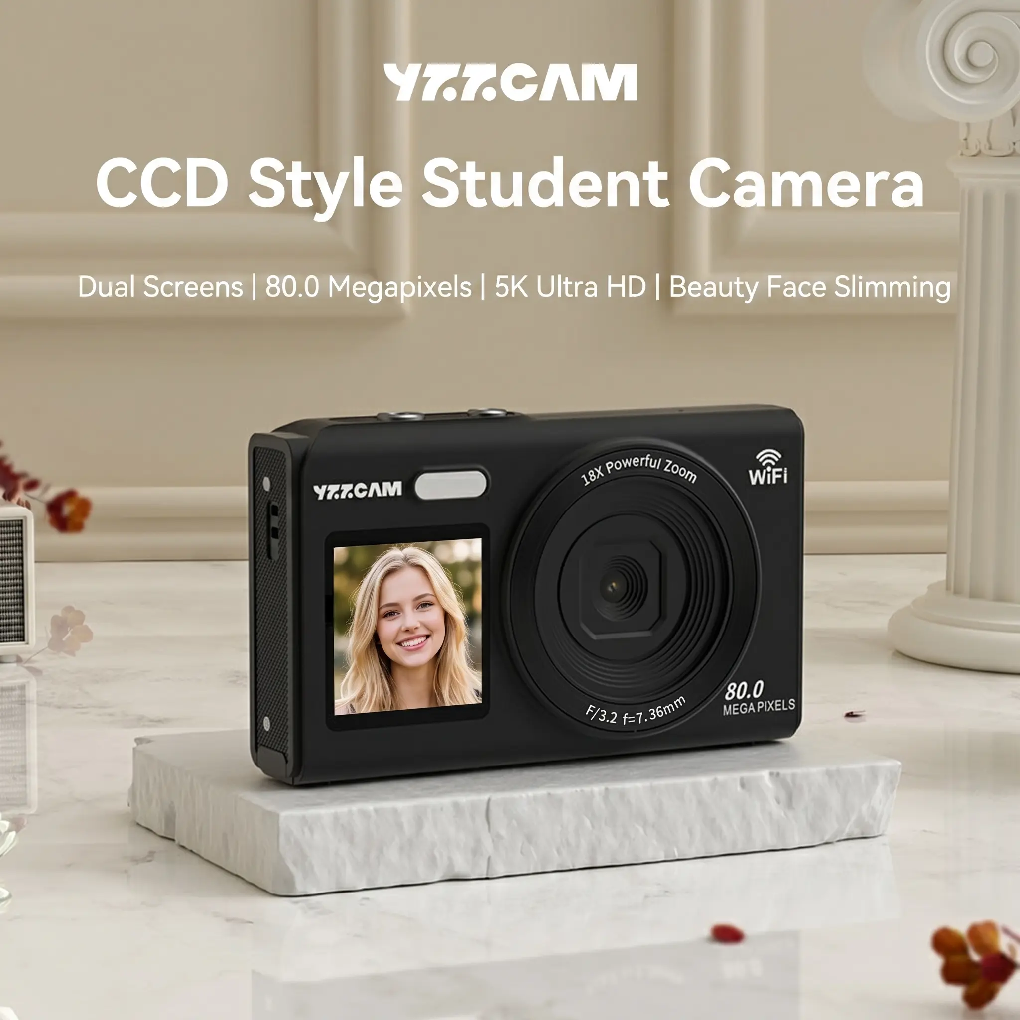 5K Ultra HD 80-megapixel dual-screen camera (front and rear), comes with a free 32GB TF memory card, 1.5-inch + 2.8-inch dual screens (front and rear), supports real-time Wi-Fi photo transfer to your phone, 18x zoom—the perfect gift and ideal for students