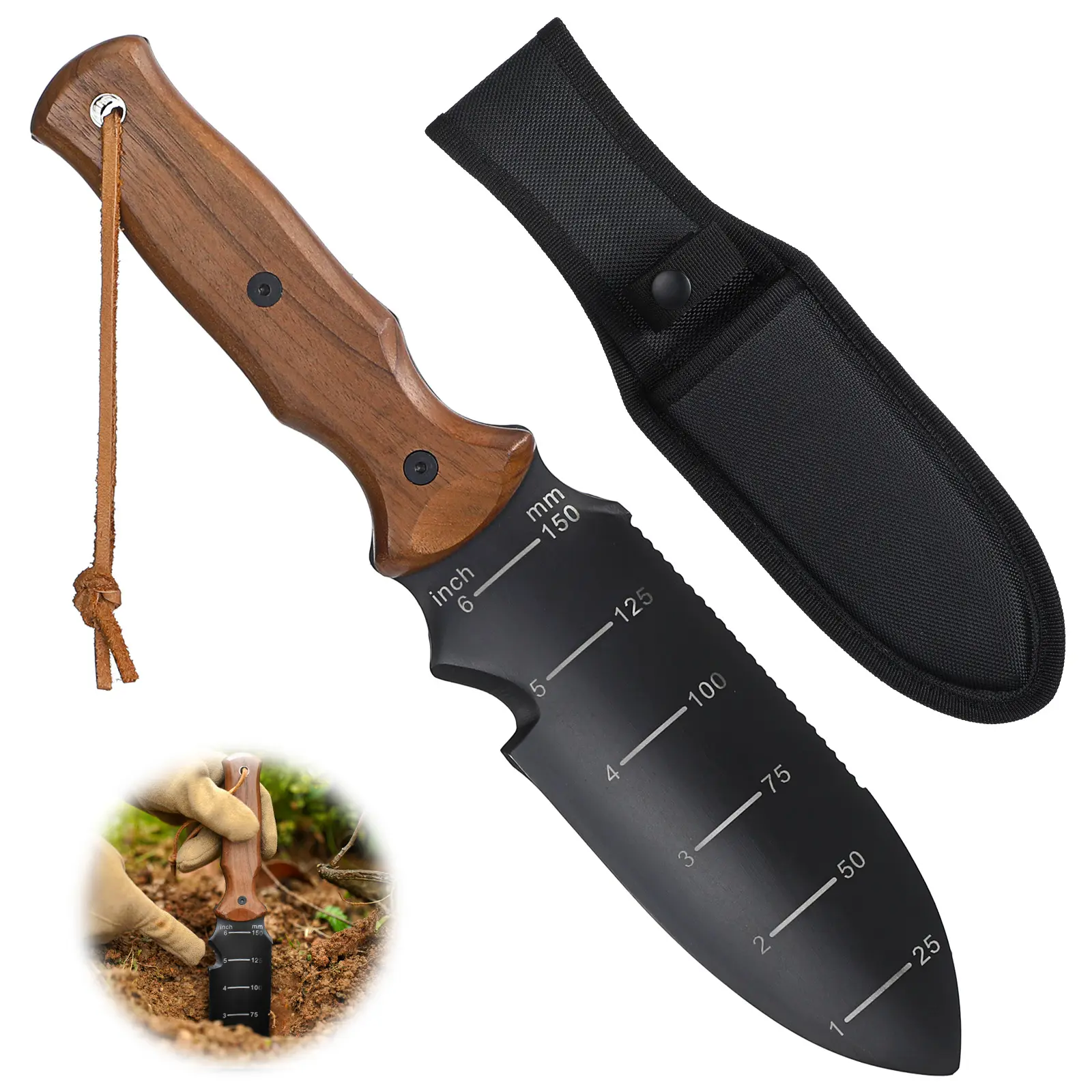 【Summerfinds】Hori Hori Garden Knife, Garden Tools Trowel with EDC Sheath, Gardening Tools with 7" Stainless Steel Blade, Dual-Scale Measurement & Hanging Hole, Weed Puller Tool for Weeding, Digging, Transplanting