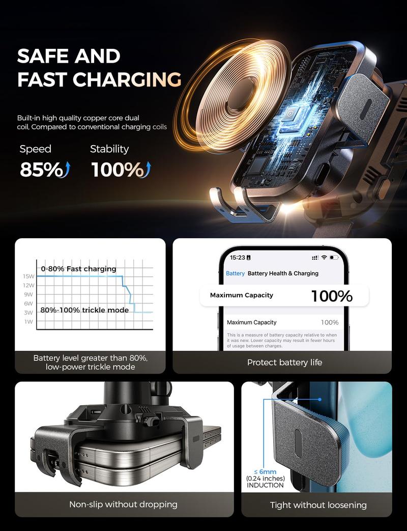 CHGeek Wireless Car Charger with Phone Holder Mount, 15W Fast Charging Auto Clamping Phone Holders for You Car Windshield Dashboard Air Vent Accessories for iPhone 16/15/14/13/12/11/Pro Max/XS Max/XS, Samsung Galaxy, Google, etc