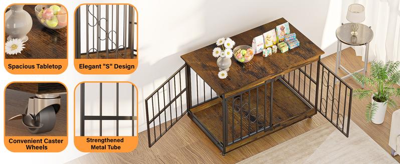 【TreasureFinds】COZPAW Dog Crate Furniture 48 Inch Wooden Dog Crates for Medium/Large Dogs, Three Doors, House Dog Cage with Lockable Wheels (Gray)