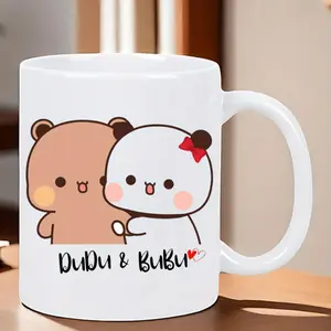 Ceramic Coffee Mug Featuring Dudu Bear And Bubu Panda Love Story Insulated Reusable Suitable for Hand Wash Camping Outdoor Unisex White Mug
