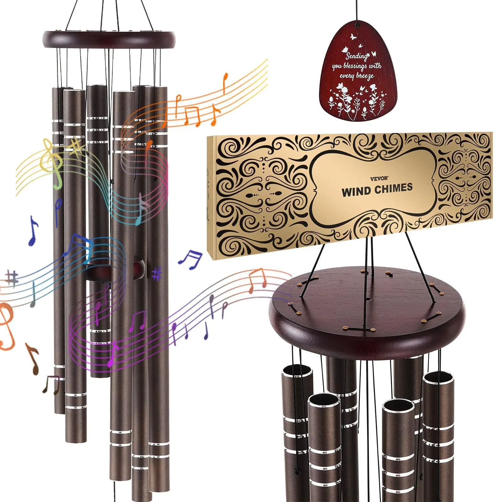 【SummerFinds】VEVOR Wind Chimes for Outside,  , 1067 mm, Deep Tone Wind Chimes with 6 Tubes, Unique Large Memorial Wind Chimes for Anniversary, Grace Outdoor Decor for Your Patio, Porch, Garden & Backyard, Dark Brown